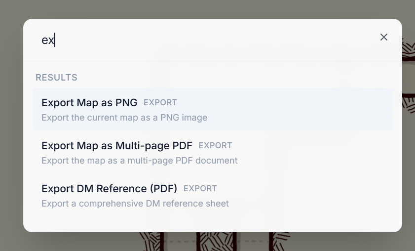 Command palette showing available actions with keyboard shortcuts