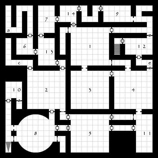 Representative Donjon random dungeon map with utilitarian line art