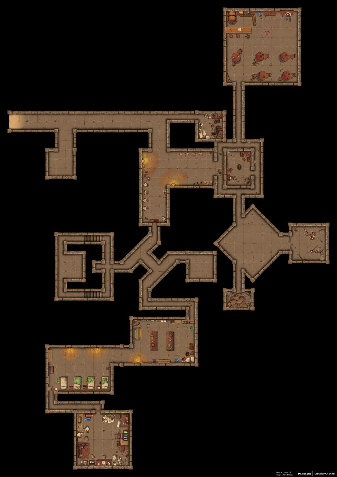 DunGen.app sandstone dungeon map with visual furnishing across rooms and corridors