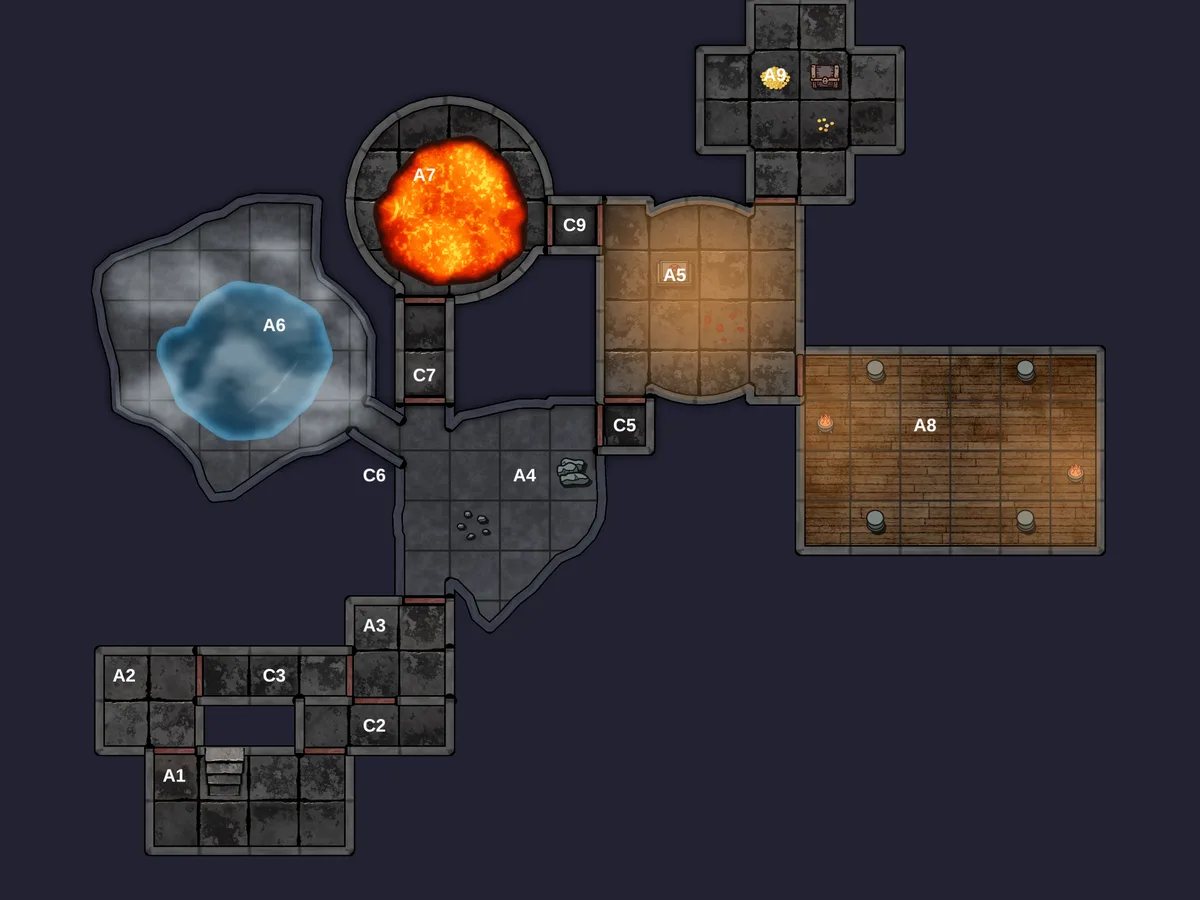 The same dungeon with animated lava, water, fog, props, and light