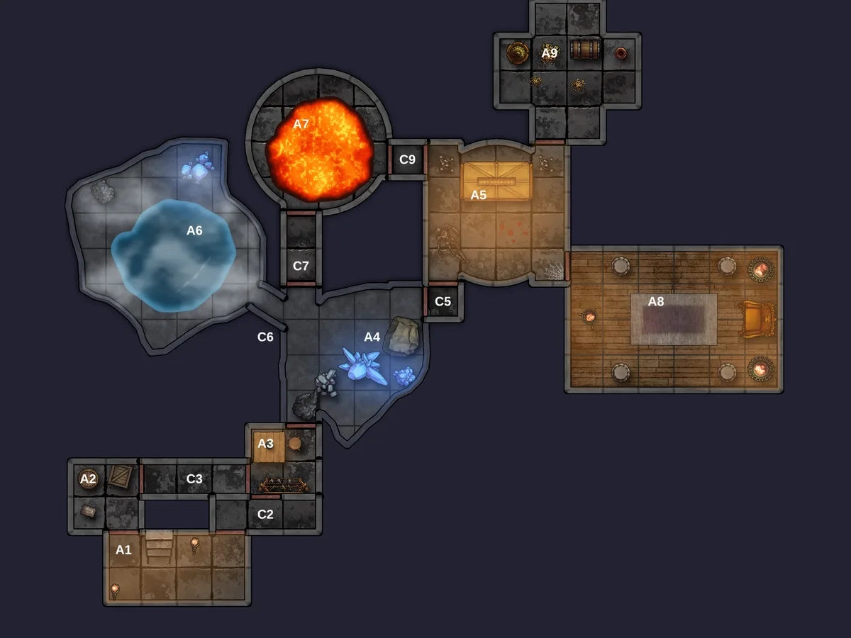 The same dungeon with lava, water, fog, painted props, and light