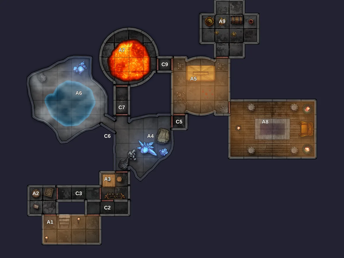 The same dungeon with lava, water, fog, painted props, and light