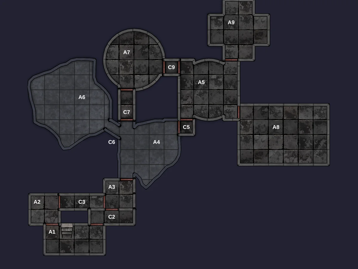 A freshly generated dungeon map with stone rooms, two caverns, and corridors