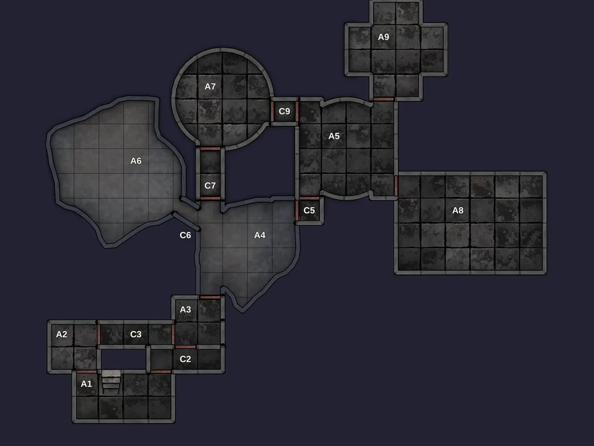A freshly generated dungeon map with stone rooms, two caverns, and corridors
