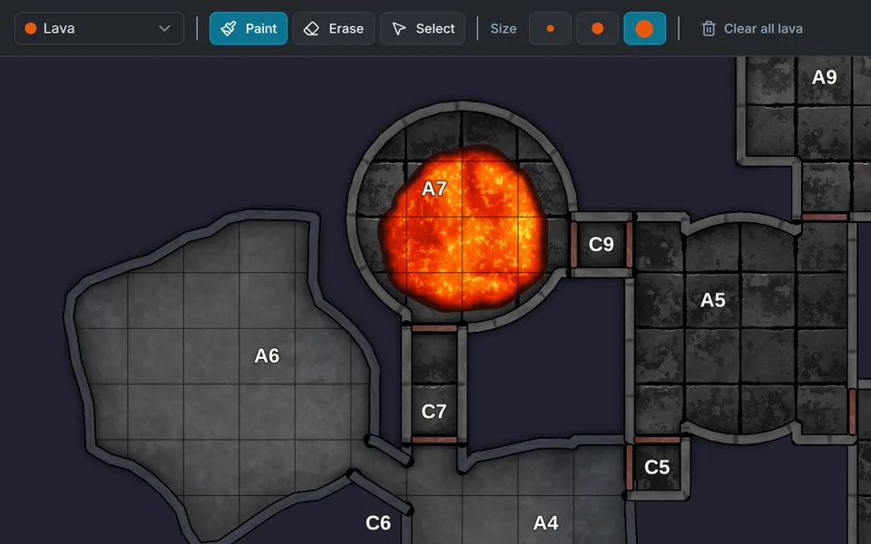 Painting a lava pool into a round chamber in the map editor