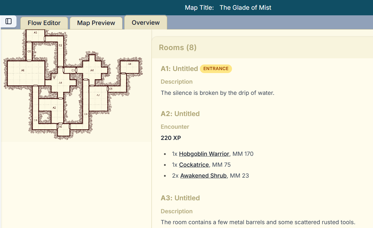 Overview tab showing clickable monster names in encounter list