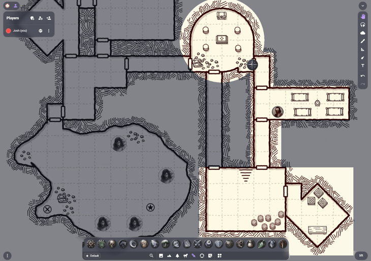 Dungeon map imported into Owlbear Rodeo with fog of war and tokens