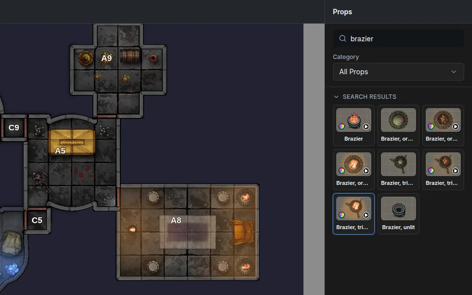 Placing fluted pillars and lit braziers in a throne hall from the prop picker in the map editor