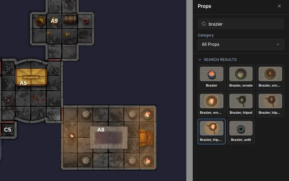 Placing fluted pillars and lit braziers in a throne hall from the prop picker in the map editor