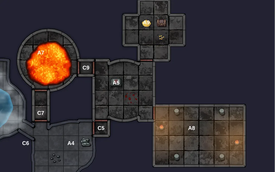 A pillared hall with braziers, an altar room, and a treasure vault in the map editor